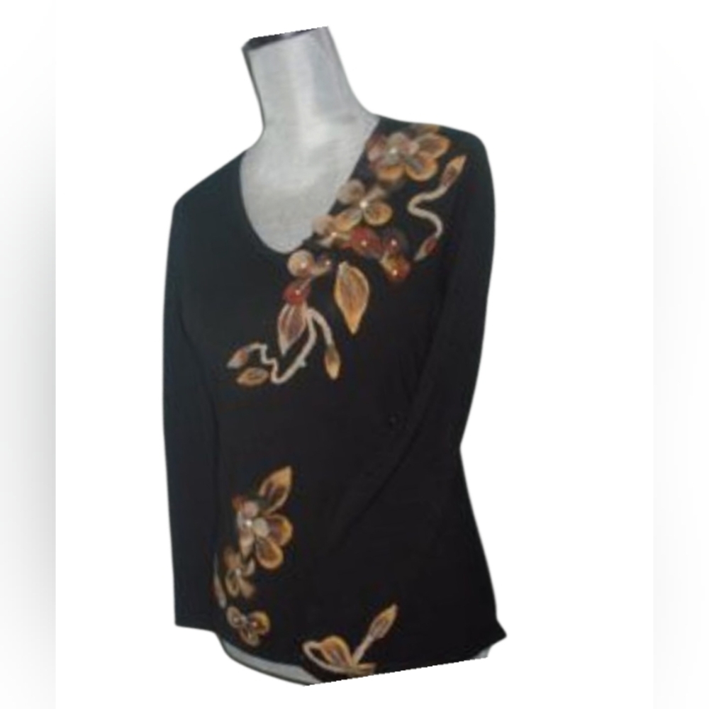 Vtg Sweater Felted Leaves Front & Back XL  Pullover Soft Felt Accents